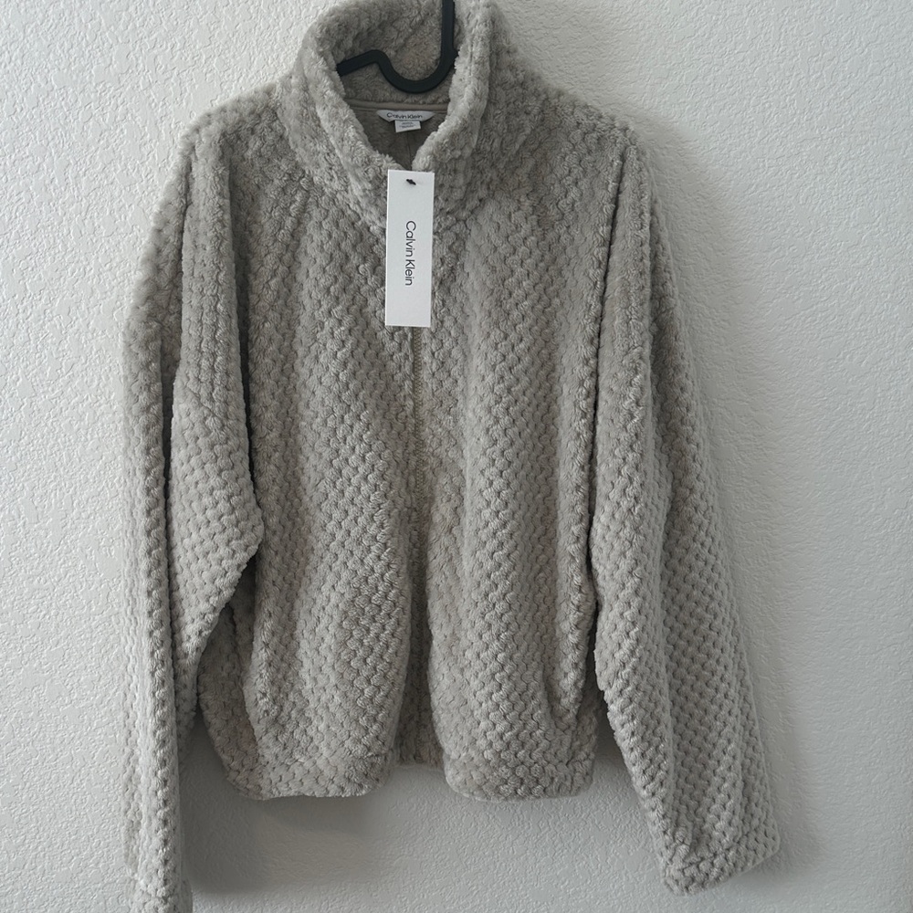 Calvin Klein Light Taupe Plush Zip-Up Teddy Jacket